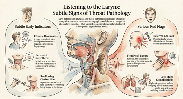 Infographic about subtle signs of throat pathology, showing larynx anatomy, early indicators on left, red flag symptoms on right, and labeled regions in the middle.