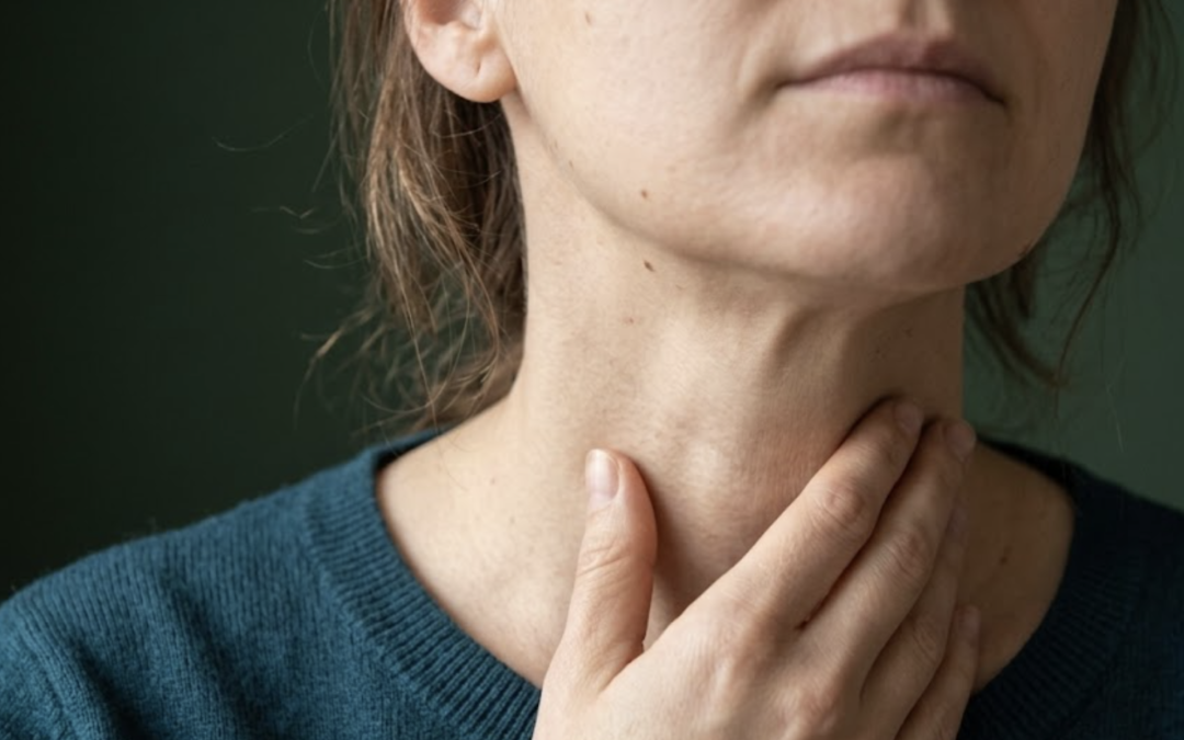 Close-up of a person touching their throat with two fingers, wearing a blue knit sweater.