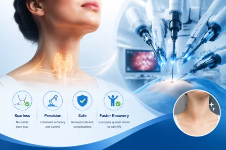 Medical advertisement showing robotic arms performing neck surgery, highlighting scarless results, precision, safety, and faster recovery.