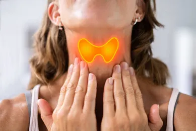 Thyroid gland in the neck | Head N Neck Surgery Woman touching her neck with an orange glow highlighting the thyroid area.