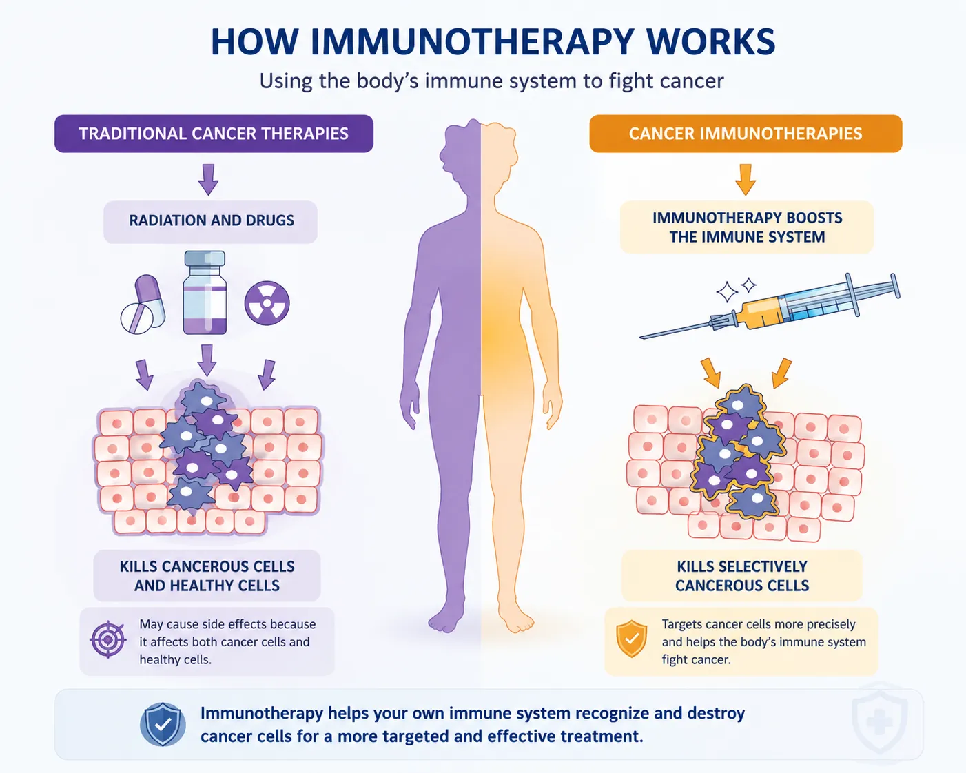 image14 | Head N Neck Surgery Infographic comparing traditional cancer therapies and cancer immunotherapy, with a center split-body figure; left shows pills and radiation affecting cancer and healthy cells, right shows a syringe boosting the immune system to kill cancer cells.