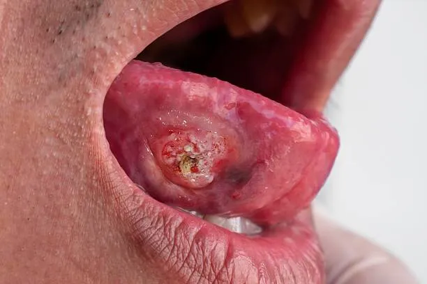 image20 | Head N Neck Surgery Close-up of a reddened, ulcerated lesion on the inner lower lip with crust and surrounding irritated tissue.