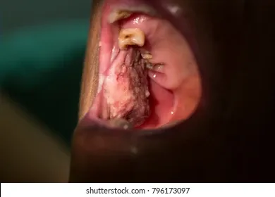 image4 | Head N Neck Surgery Close-up of a mouth with a severely decayed tooth and damaged, bleeding gum tissue.
