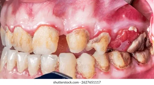 image6 | Head N Neck Surgery Close-up of severely decayed teeth and inflamed gums in the upper and lower jaws, showing heavy plaque and tooth loss.