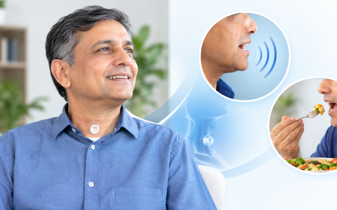 Smiling man in a blue shirt with a neck implant device, with circular insets showing speaking and eating, illustrating assisted hearing.