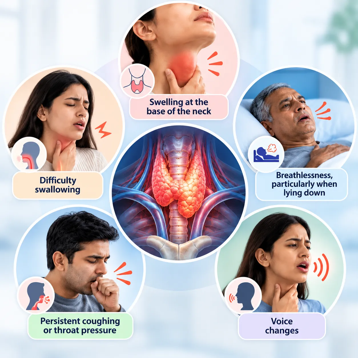 Infographic showing thyroid-related symptoms around a central thyroid illustration: swelling at neck base, coughing, voice changes, breathlessness when lying down, trouble swallowing, and neck/throat pain.