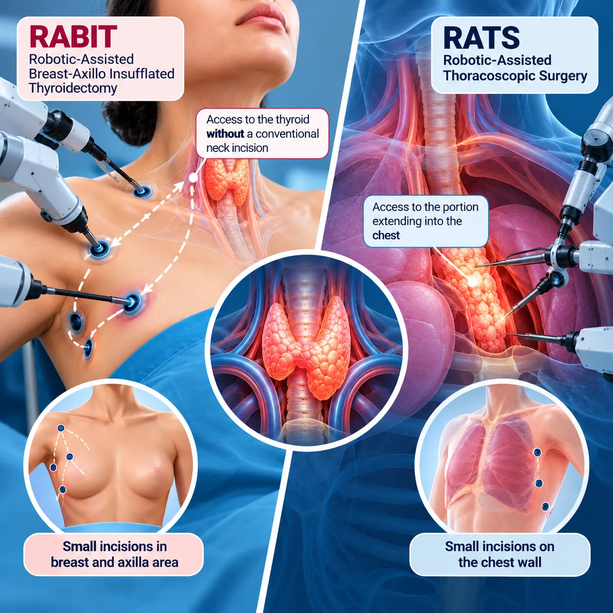 Infographic showing robotic-assisted thyroid surgery with small neck incisions and labeled thyroid diagram alongside chest imagery for thoracic surgery (RABIT and RATS).
