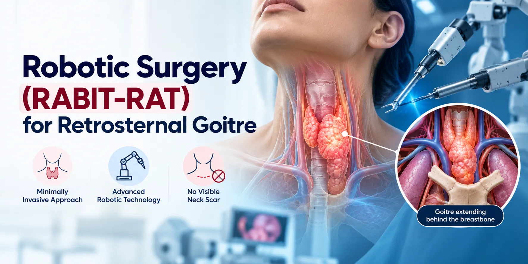 Promotional banner for robotic surgery to treat retrosternal goitre, showing a neck with enlarged thyroid and robotic arms in a clinical setting